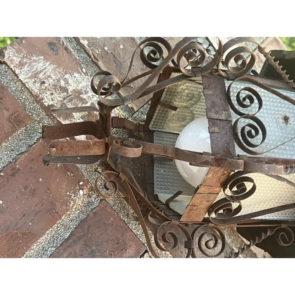 Vintage Spanish Revival Wrought Iron Outdoor Lantern Wall‎ Bracket Scroll Glass